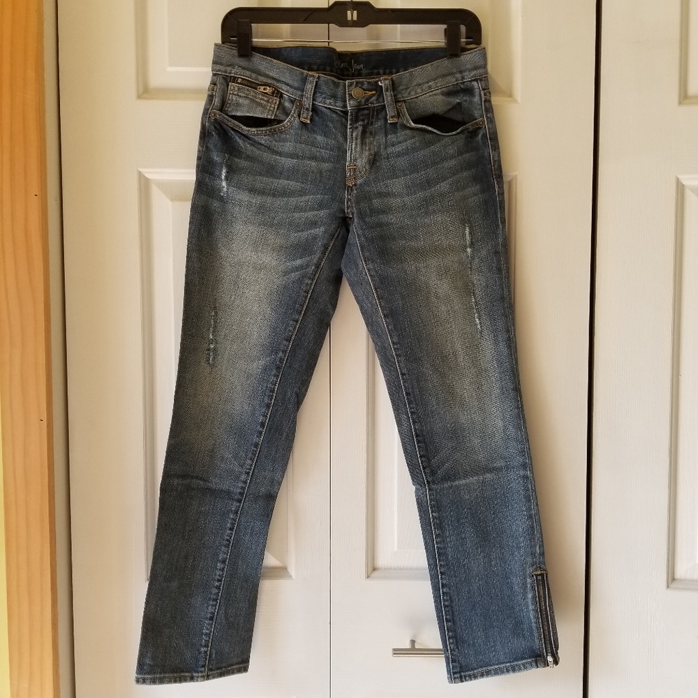 London Jean distressed straight skinny zipper jean
